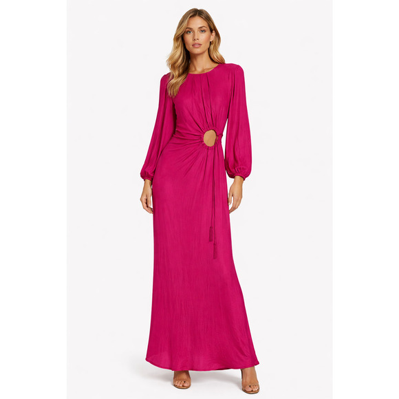FARM Rio Dresses & Skirts - Farm Rio Cutout Maxi Dress Size Medium Tassel Magenta Blouson Sleeves Cocktail